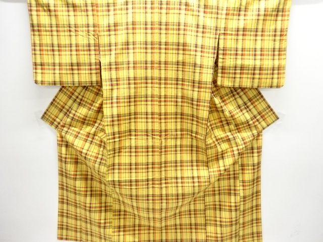 格子に絣柄織り出し手織り紬着物